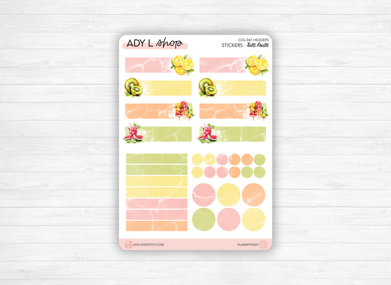 Planches de Stickers "Tutti Frutti" - Autocollants sur le thème de l'été et des fruits - Headers et formes colorées - Couleurs vitaminées - Bullet Journal Planner