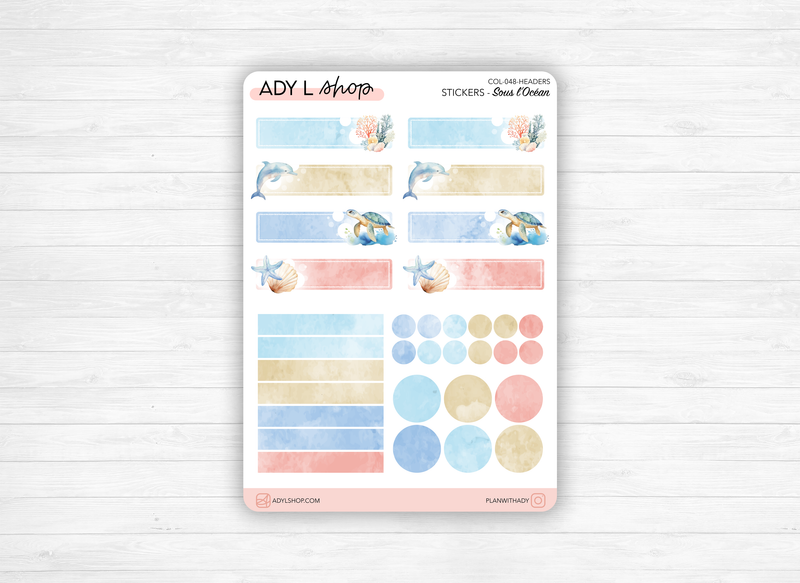 Sticker sheets - "Under the Sea" - Watercolor illustrations : ocean, dolphin, corals, starfish - Headers - Bullet Journal / Planner sticker sheet