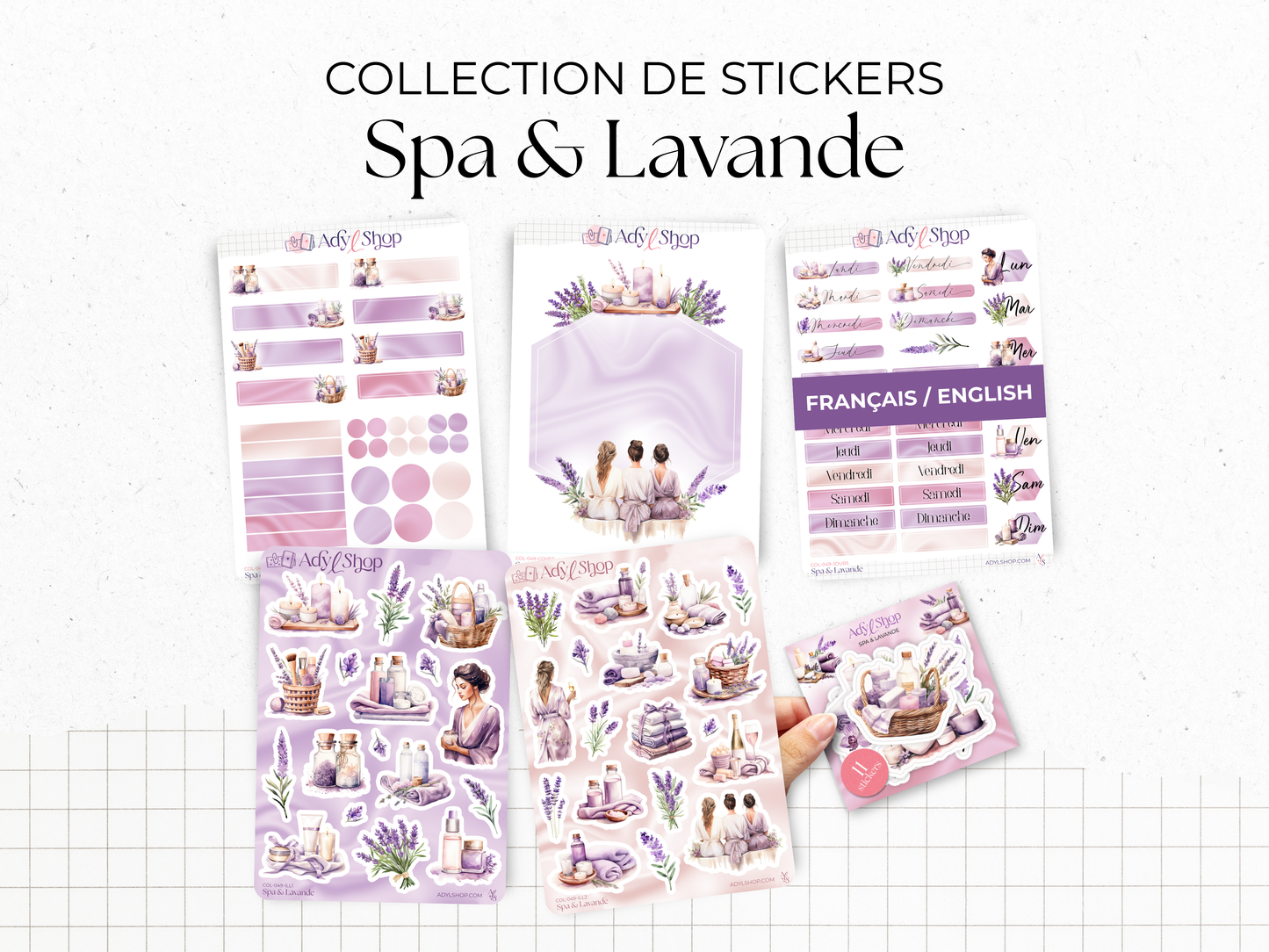 Planches de Stickers "Spa & Lavande" - Autocollants sur le thème du bien-être, soins beauté, cocooning, détente - Page de couverture mensuelle - Bullet Journal Planner