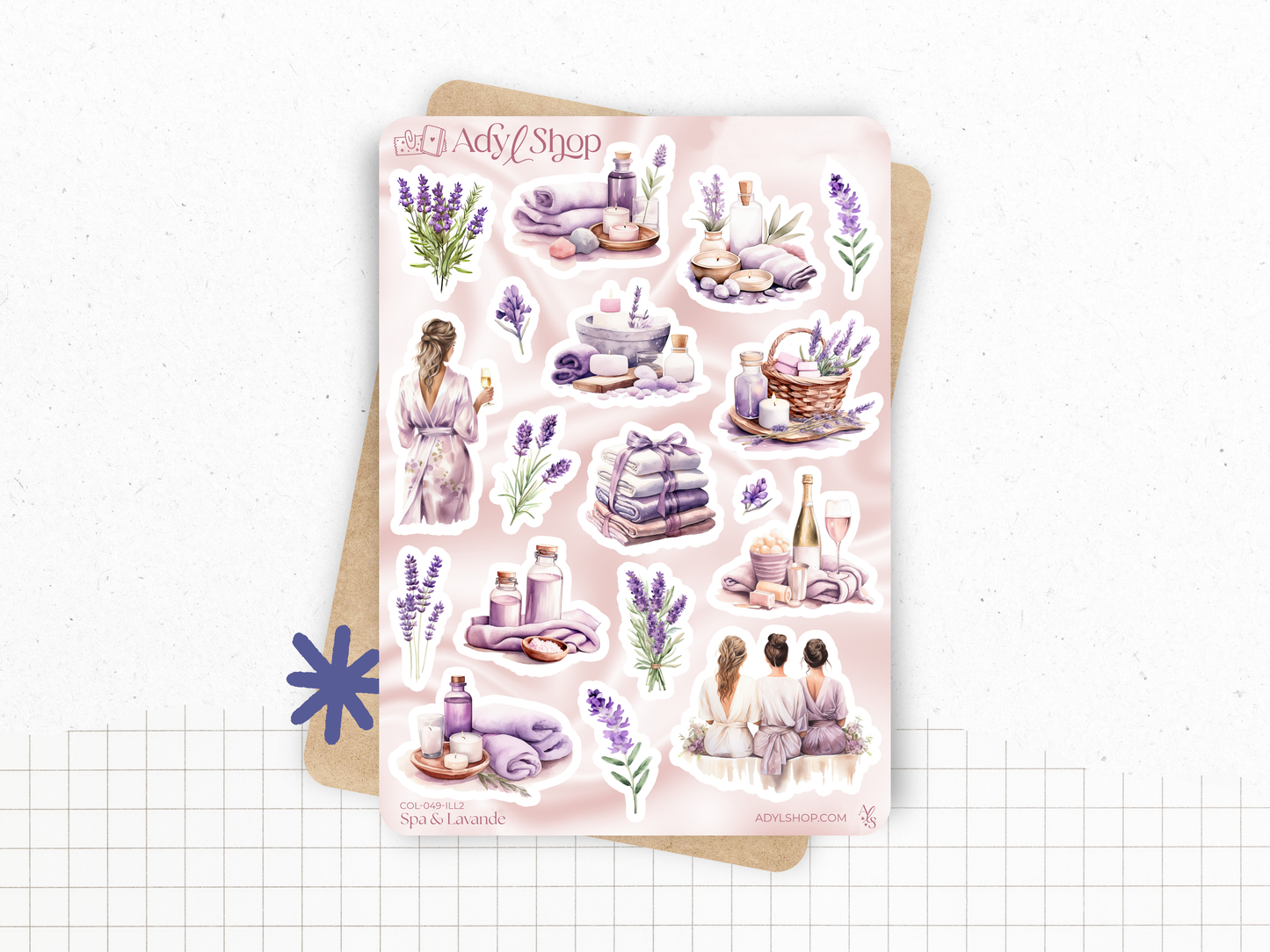 Planches de Stickers "Spa & Lavande" - Autocollants sur le thème du bien-être, soins beauté, cocooning, détente - Page de couverture mensuelle - Bullet Journal Planner