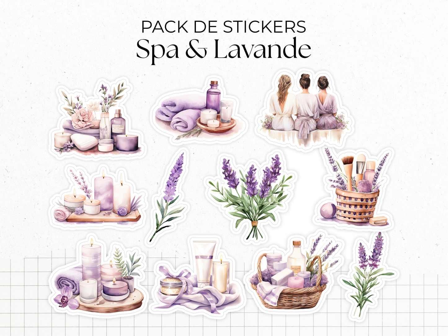 Planches de Stickers "Spa & Lavande" - Autocollants sur le thème du bien-être, soins beauté, cocooning, détente - Page de couverture mensuelle - Bullet Journal Planner