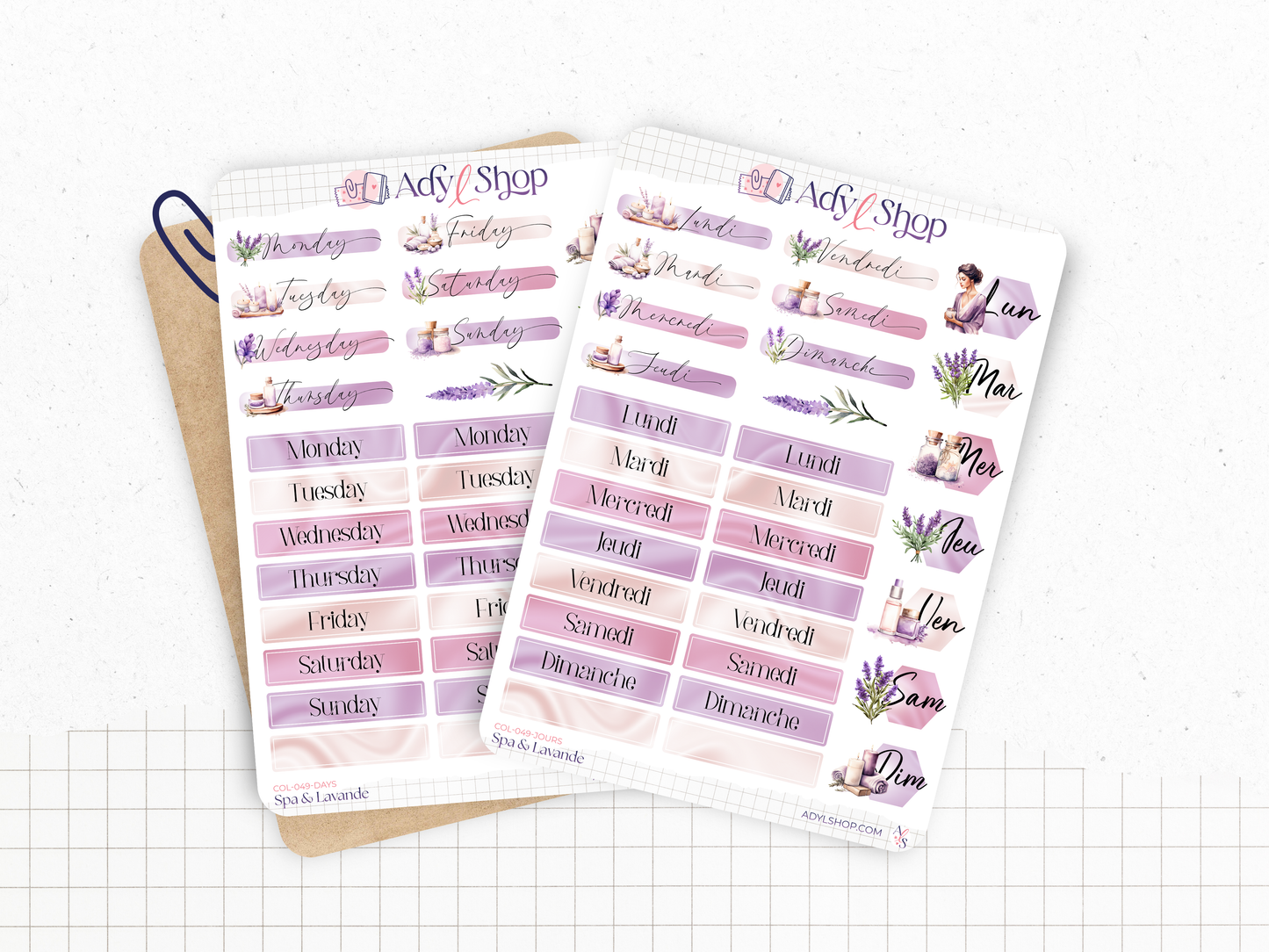 Planches de Stickers "Spa & Lavande" - Autocollants sur le thème du bien-être, soins beauté, cocooning, détente - Page de couverture mensuelle - Bullet Journal Planner