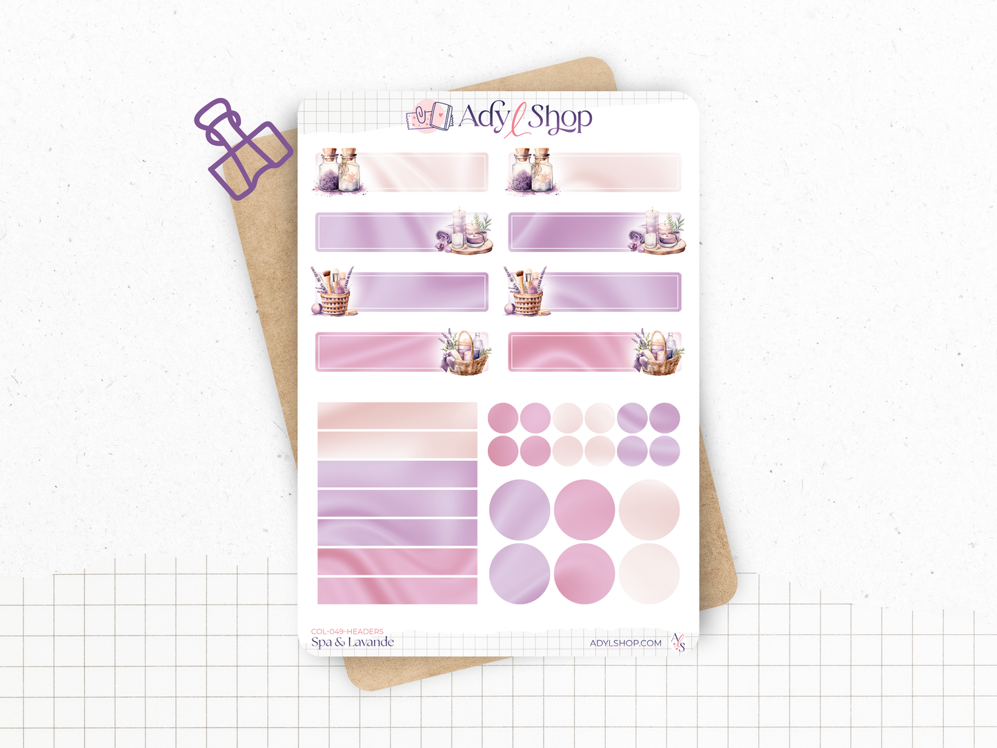 Planches de Stickers "Spa & Lavande" - Autocollants sur le thème du bien-être, soins beauté, cocooning, détente - Page de couverture mensuelle - Bullet Journal Planner