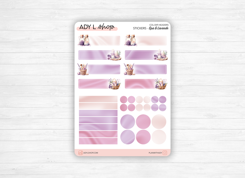 Planches de Stickers "Spa & Lavande" - Autocollants sur le thème du bien-être, soins beauté, cocooning, détente - Headers - Bullet Journal Planner