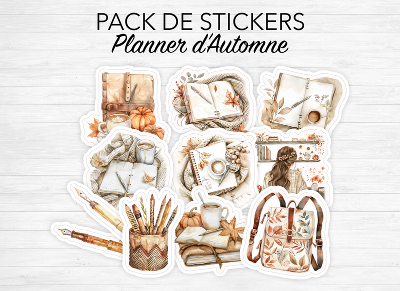 Pack de 11 stickers individuels sur le thème de l'automne, des carnets, de la papeterie. Pour Bullet Journal ou scrapbooking.