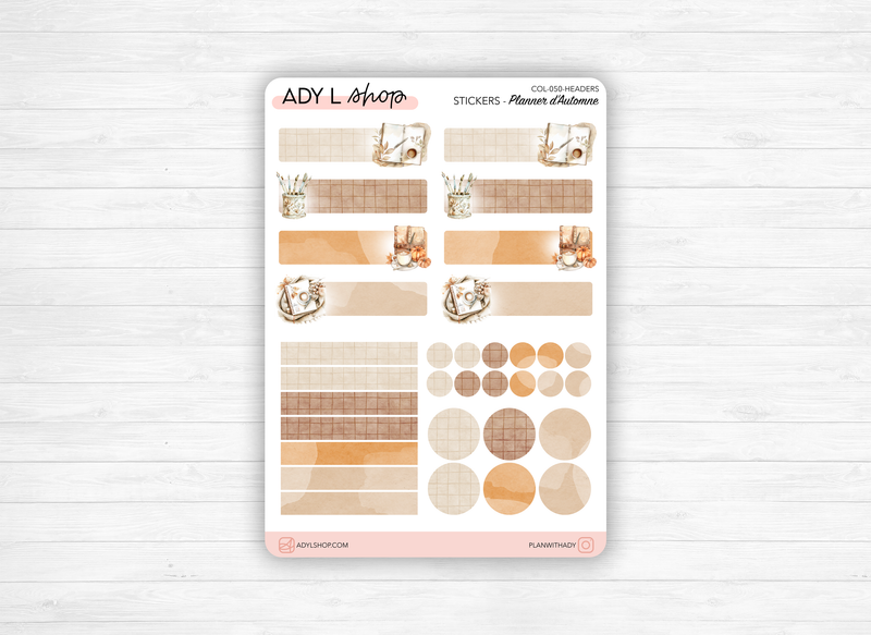 Planche de stickers sur le thème de l'automne pour décorer les pages de votre Bullet Journal. Autocollants headers et en-têtes