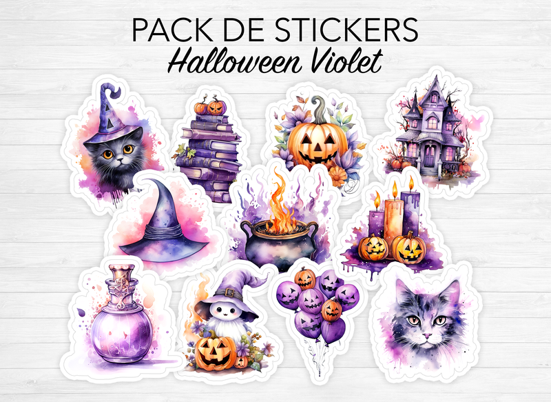 Pack de stickers "Halloween Violet" - 11 Autocollants sur le thème de la magie, sorcellerie, Halloween, spooky - Bullet Journal / Planner