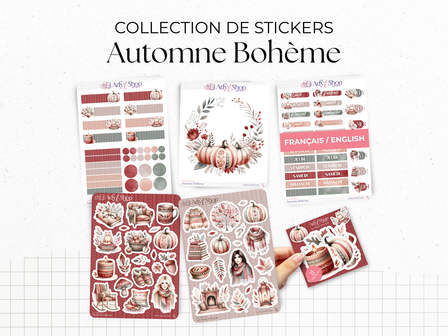 Collection de stickers "Automne Bohème" - Autocollants sur le thème de l'automne : citrouille, feuilles, cocooning, cozy - Bullet Journal