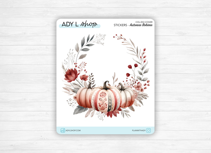 Sticker sheets - "Boho Fall" - Watercolor illustrations : fall, leaves, pumkins, cozy and cocooning - Cover page - Bullet Journal / Planner sticker sheet