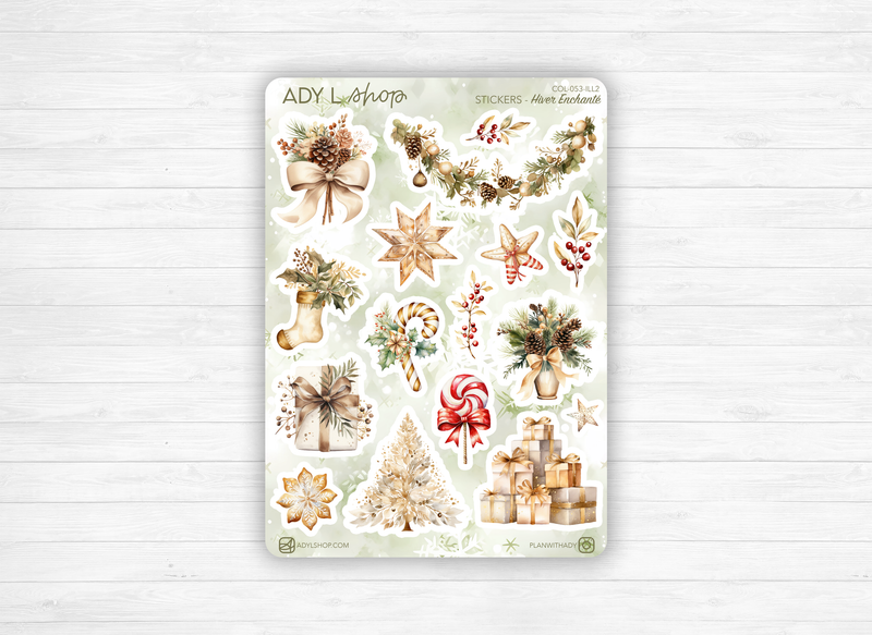 Sticker sheets - "Enchanted Winter" - Watercolor illustrations: Christmas, winter, ornaments, decoration - Bullet Journal / Planner stickers