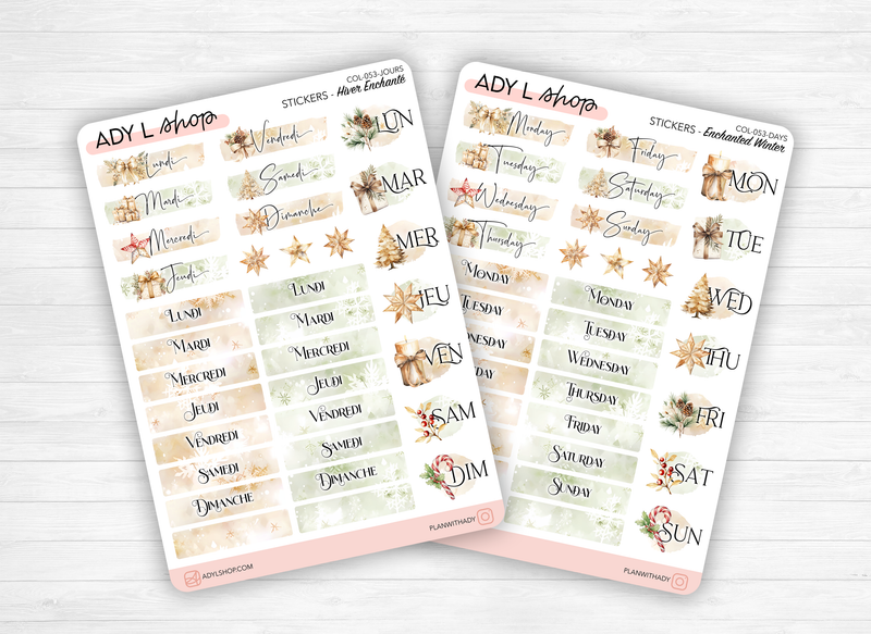 Sticker sheets - "Enchanted Winter" - Watercolor illustrations: Christmas, winter, ornaments, decoration - Days of the week - Bullet Journal / Planner stickers