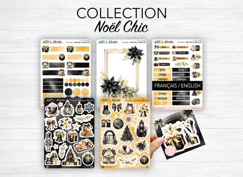 Collection de stickers "Noël Chic" - Autocollants sur le thème de l'hiver et de Noël : fêtes de fin d'année, noir, or - Bullet Journal