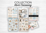 Planches de stickers "Hiver Cocooning" - Autocollants sur le thème de l'hiver : cozy, froid, bleu, neige, glace, flocon - Headers - Bullet Journal