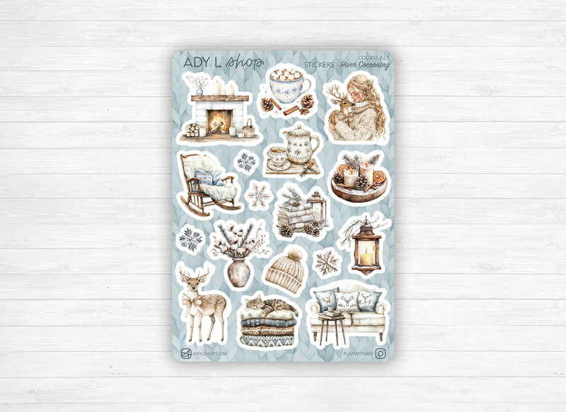 Planches de stickers "Hiver Cocooning" - Autocollants sur le thème de l'hiver : cozy, froid, bleu, neige, glace, flocon - Bullet Journal