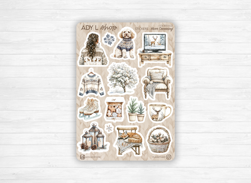 Planches de stickers "Hiver Cocooning" - Autocollants sur le thème de l'hiver : cozy, froid, bleu, neige, glace, flocon - Bullet Journal