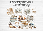 Planches de stickers "Hiver Cocooning" - Autocollants sur le thème de l'hiver : cozy, froid, bleu, neige, glace, flocon - Bullet Journal