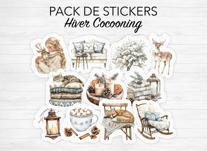 Pack de stickers "Hiver Cocooning" - 11 autocollants sur le thème de l'hiver : cozy, froid, bleu, neige, glace, flocon - Bullet Journal