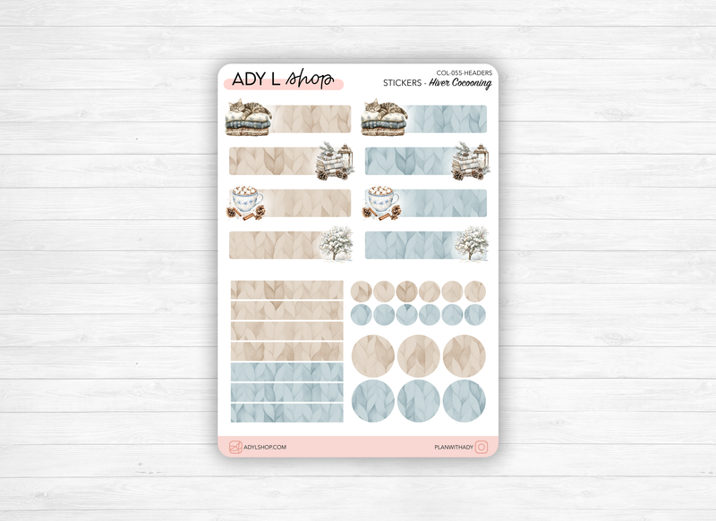 Sticker sheets - "Cocooning Winter" - Watercolor illustrations : winter, cold, cozy, frozen - Headers - Bullet Journal / Planner sticker sheet