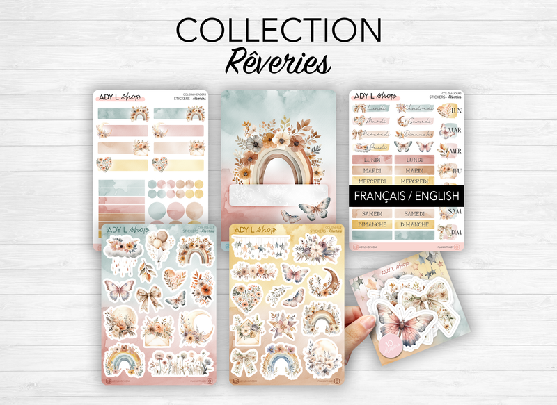 Collection complète de stickers "Rêveries" - Autocollants sur un thème bohème : papillons, lunes, fleurs, couleurs douces - Bullet Journal