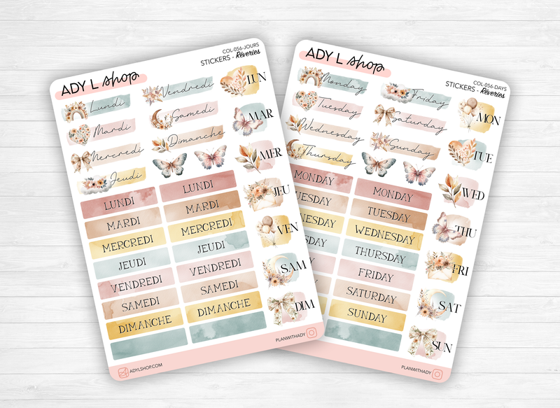 Planches de stickers "Rêveries" - Autocollants sur un thème bohème : papillons, lunes, fleurs, couleurs douces - Jours de la semaine - Bullet Journal