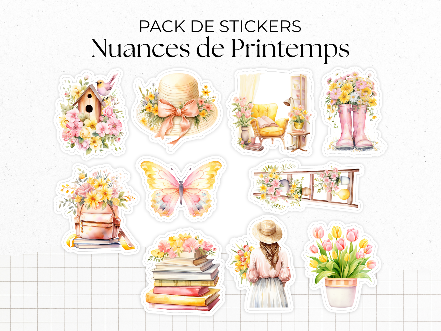 Planches de stickers "Nuances de Printemps" - Autocollants sur un thème du printemps : fleurs, beau temps - Couronne de fleurs - Bullet Journal