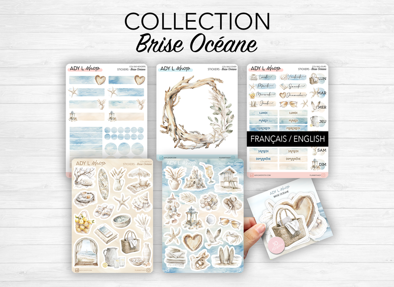 Collection de stickers "Brise Océane" - Autocollants sur le thème de l'été : vacances, plages, océan - Bullet Journal
