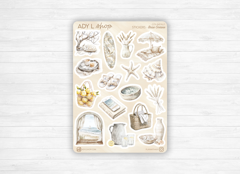 Planches de stickers "Brise Océane" - Autocollants sur le thème de l'été : vacances, plages, océan - Bullet Journal