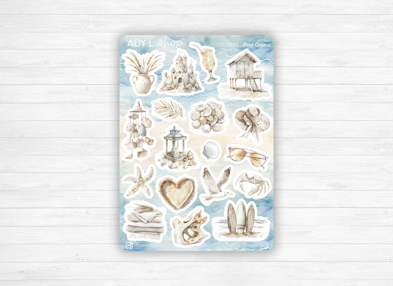 Planches de stickers "Brise Océane" - Autocollants sur le thème de l'été : vacances, plages, océan - Bullet Journal