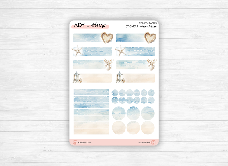 Planches de stickers "Brise Océane" - Autocollants sur le thème de l'été : vacances, plages, océan - Headers - Bullet Journal