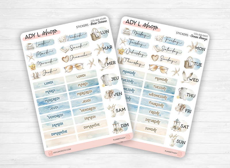 Planches de stickers "Brise Océane" - Autocollants sur le thème de l'été : vacances, plages, océan - Jours de la semaine - Bullet Journal