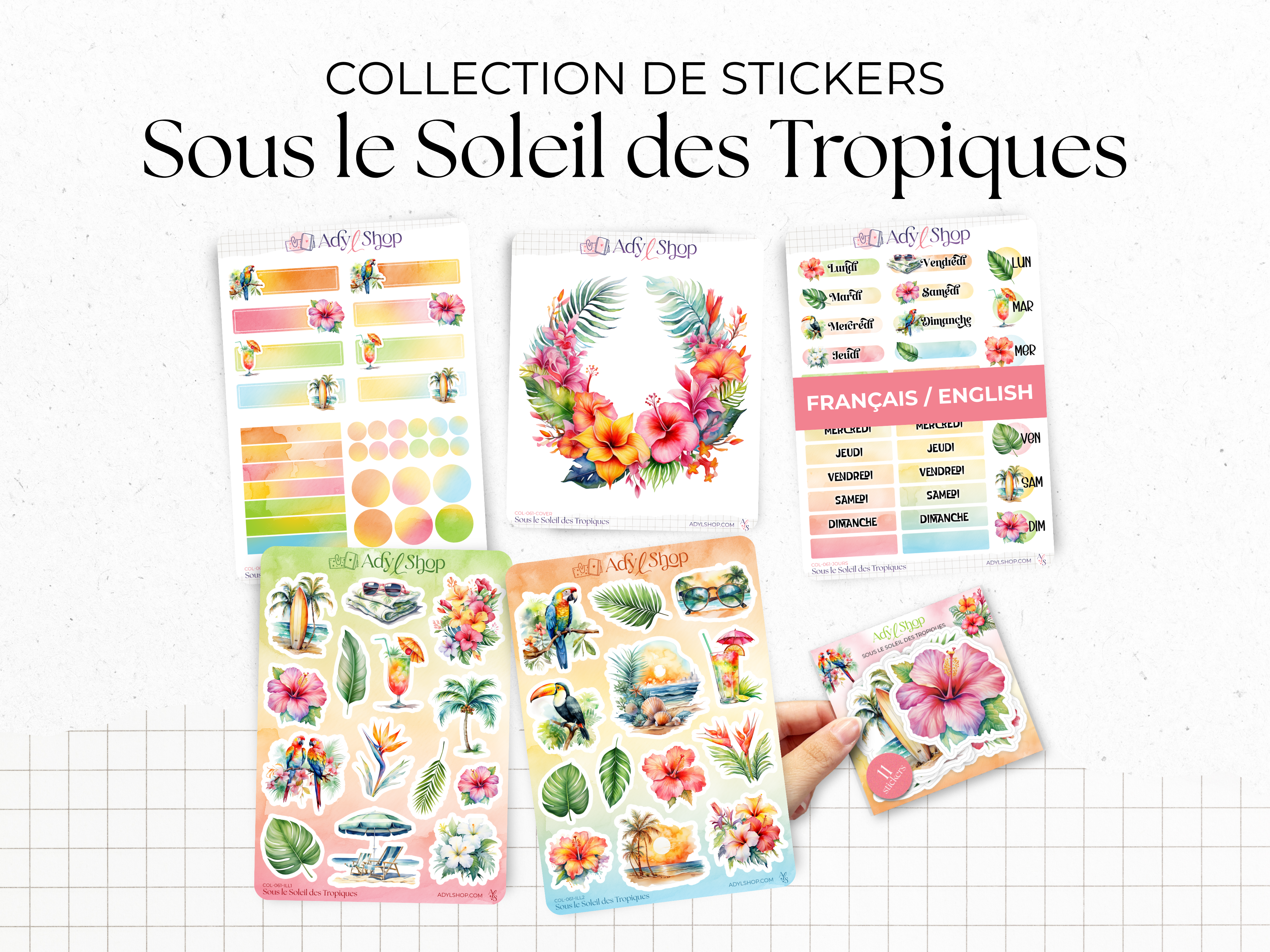 Collection de planches de stickers "Sous le Soleil des Tropiques" - Autocollants sur le thème de l'été : fleurs tropicales, vacances - Bullet Journal