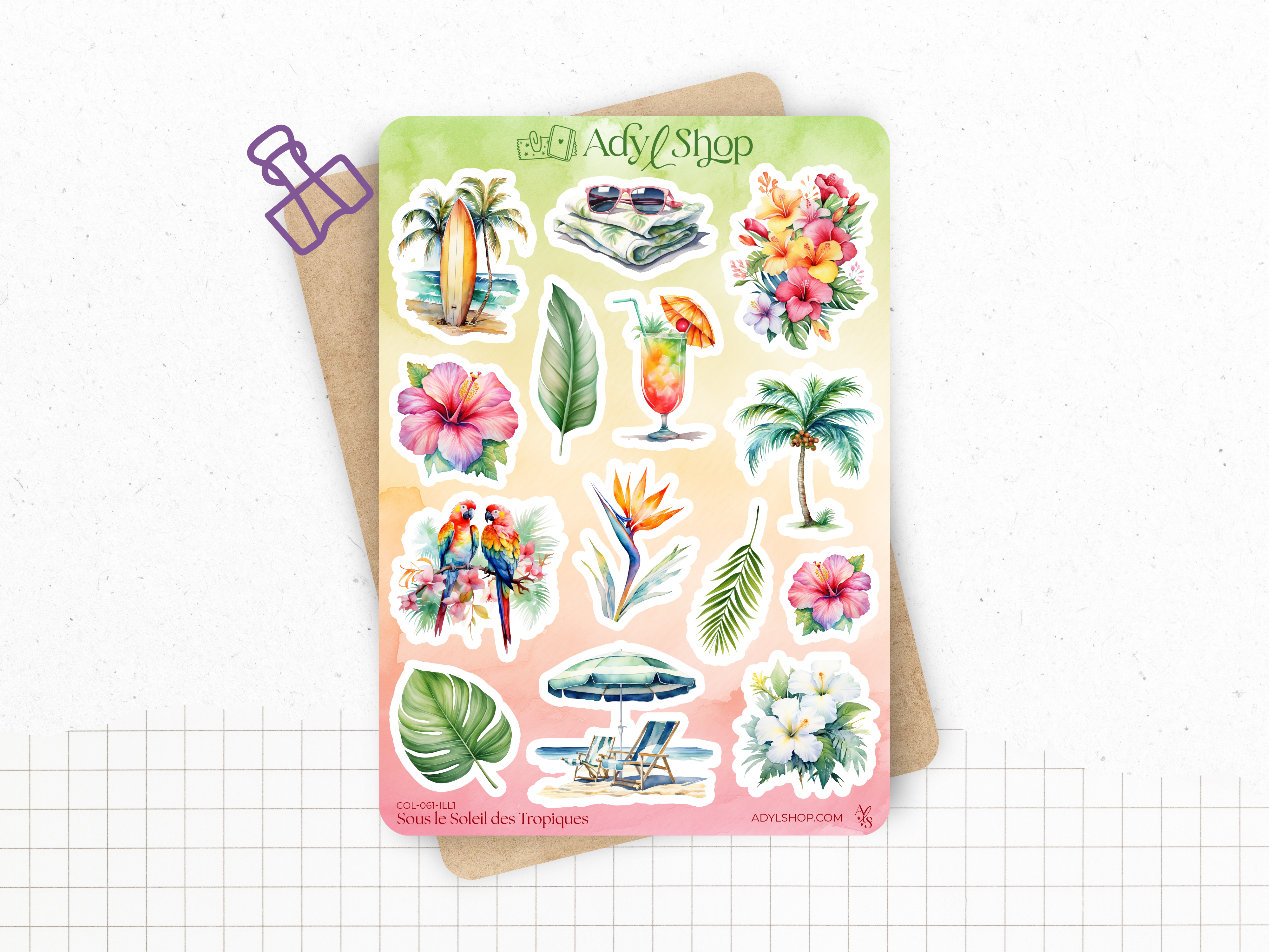 Planches de stickers "Sous le Soleil des Tropiques" - Autocollants sur le thème de l'été : fleurs tropicales, vacances - Bullet Journal