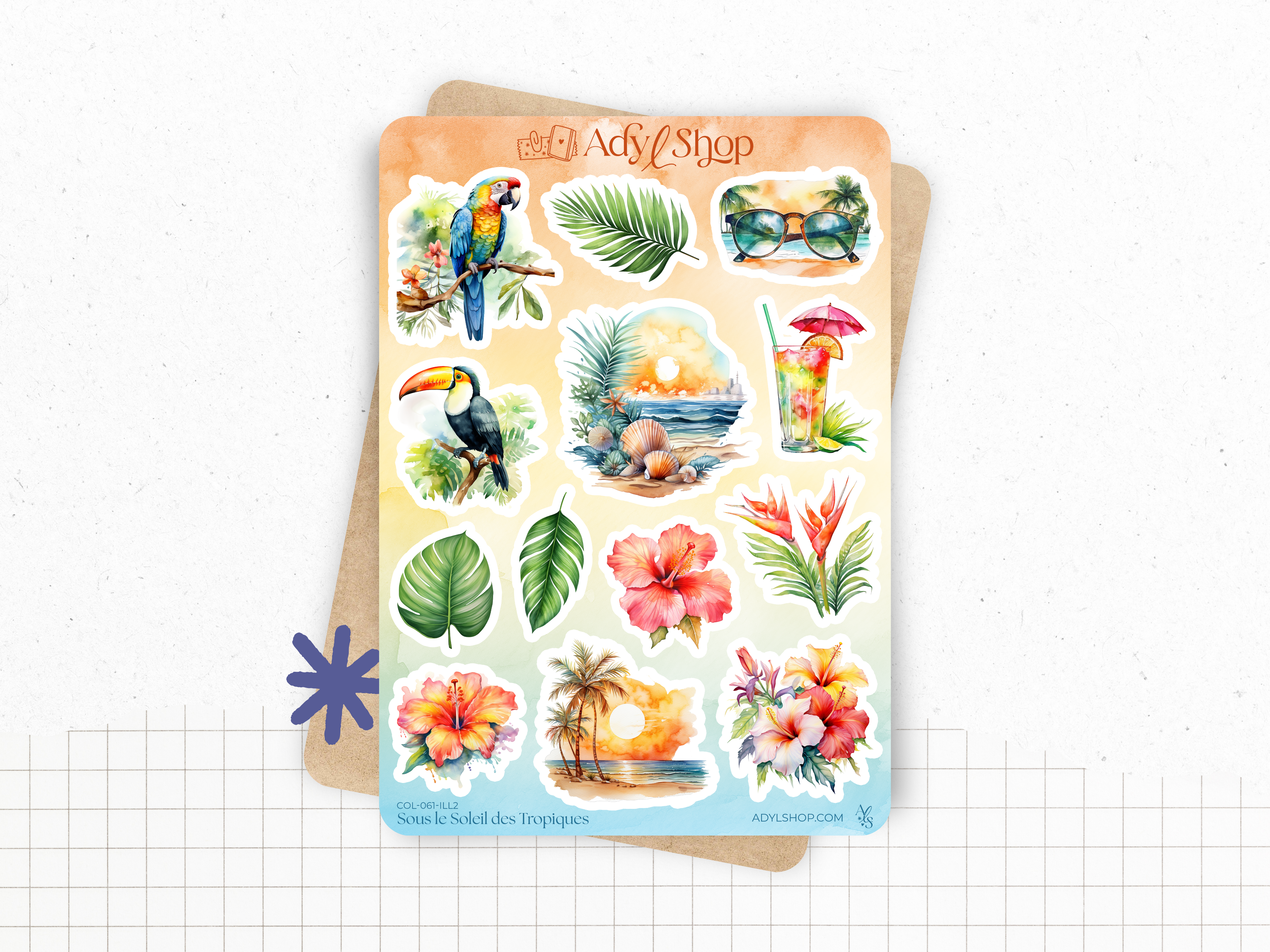 Planches de stickers "Sous le Soleil des Tropiques" - Autocollants sur le thème de l'été : fleurs tropicales, vacances - Bullet Journal