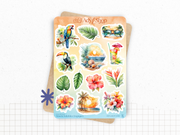Planches de stickers "Sous le Soleil des Tropiques" - Autocollants sur le thème de l'été : fleurs tropicales, vacances - Bullet Journal