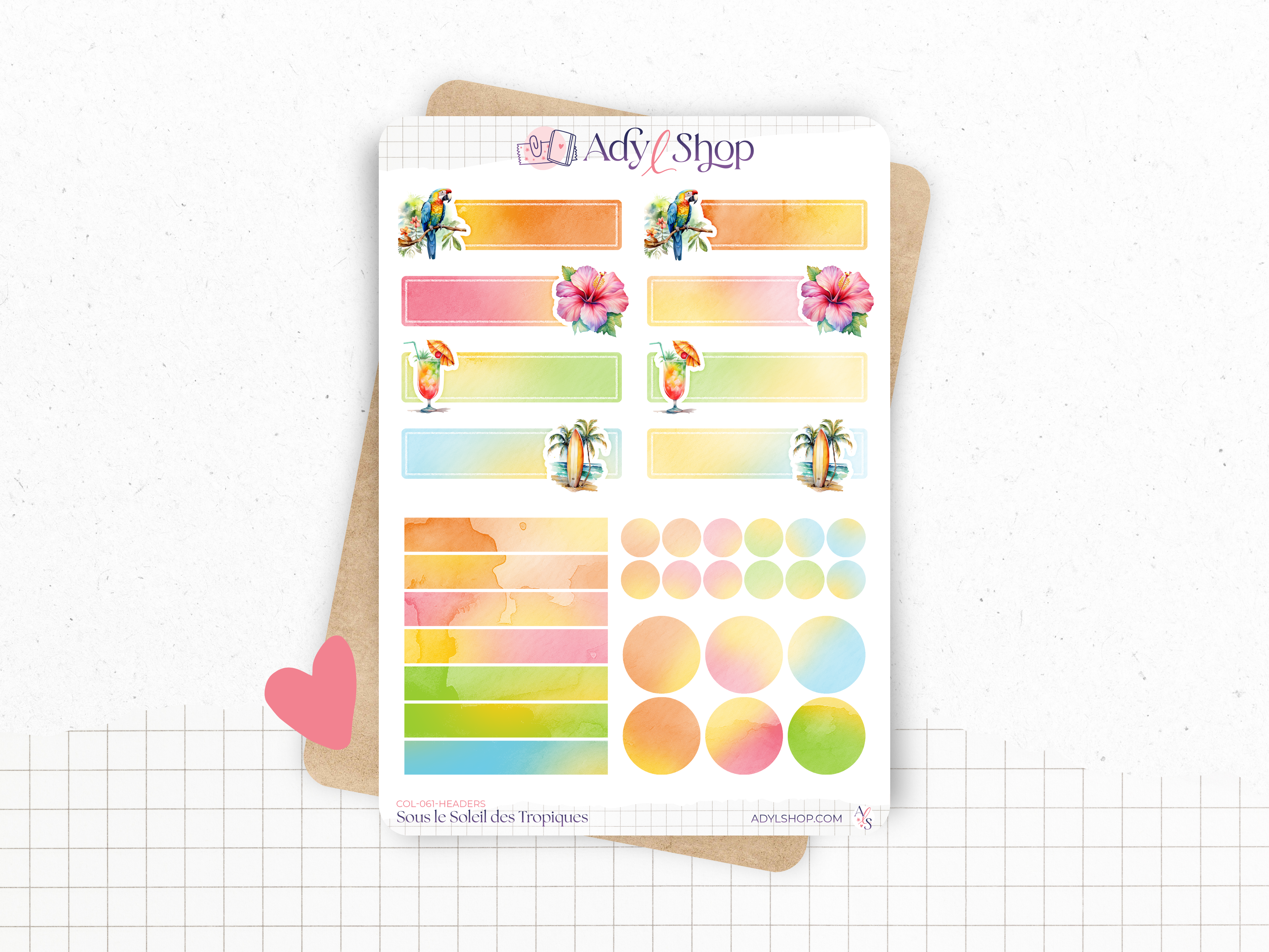 Planches de stickers "Sous le Soleil des Tropiques" - Autocollants sur le thème de l'été : fleurs tropicales, vacances - Headers - Bullet Journal