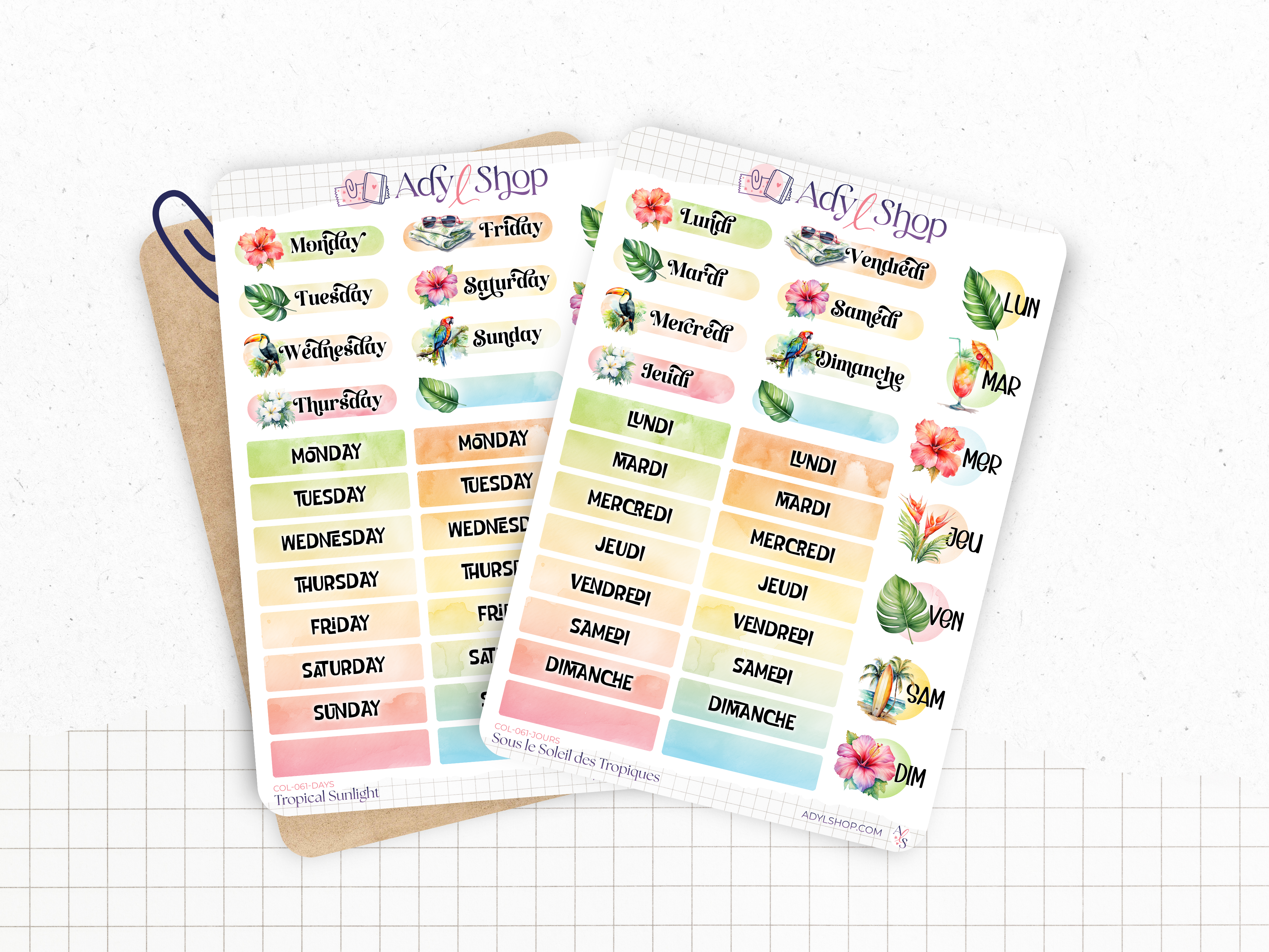 Planches de stickers "Sous le Soleil des Tropiques" - Autocollants sur le thème de l'été : fleurs tropicales, vacances - Jours de la semaine - Bullet Journal