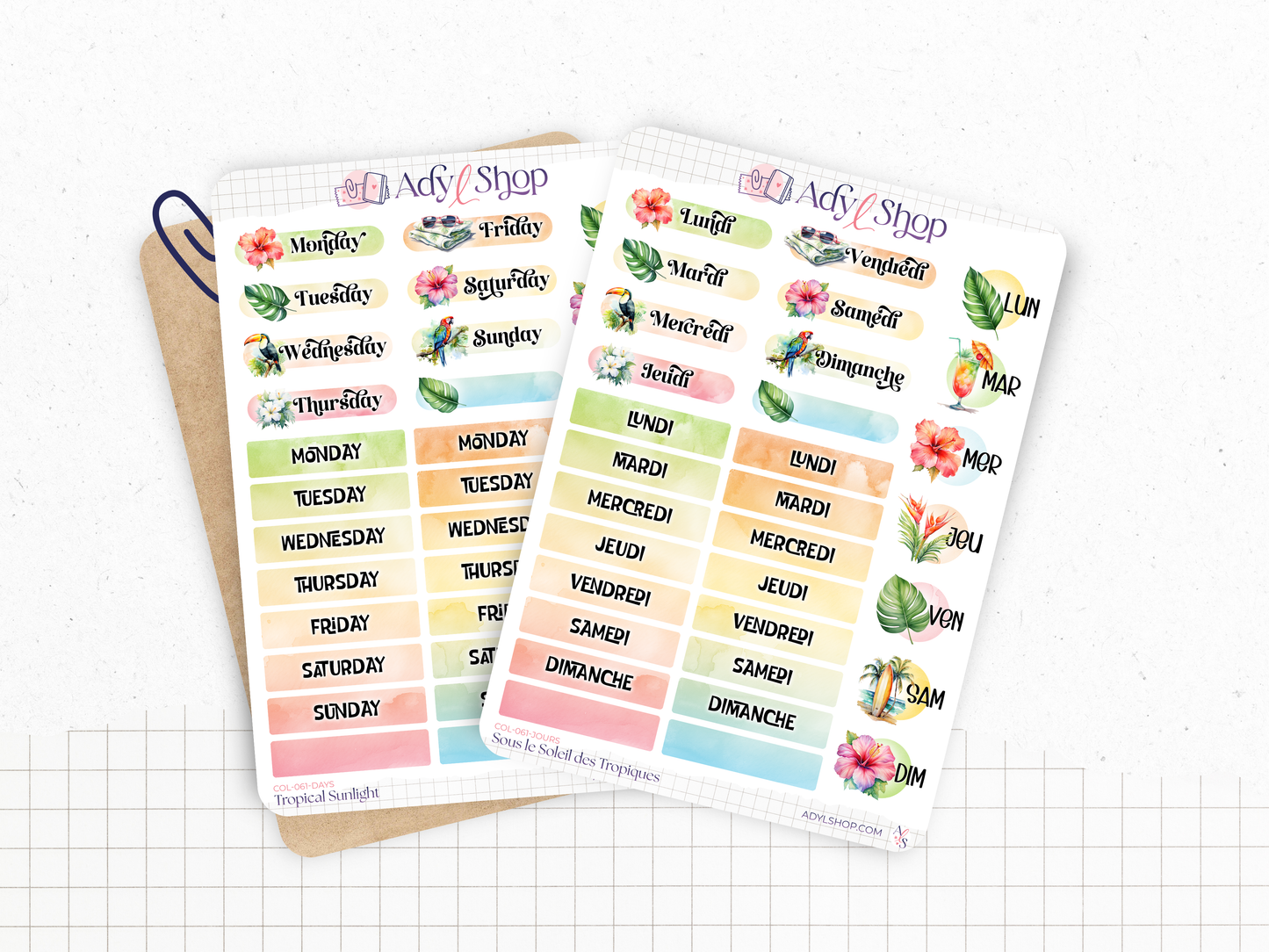 Planches de stickers "Sous le Soleil des Tropiques" - Autocollants sur le thème de l'été : fleurs tropicales, vacances - Bullet Journal
