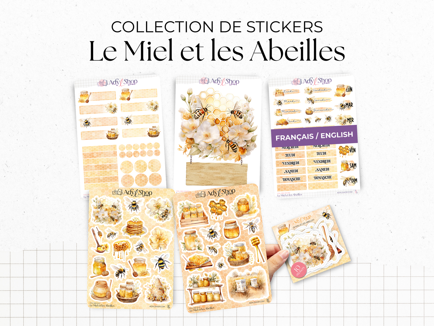 Sticker sheets - "Honey & Bees" - Watercolor illustrations: honey, bees, hive - Bullet Journal / Planner stickers
