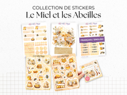 Sticker sheets - "Honey & Bees" - Watercolor illustrations: honey, bees, hive - Bullet Journal / Planner stickers