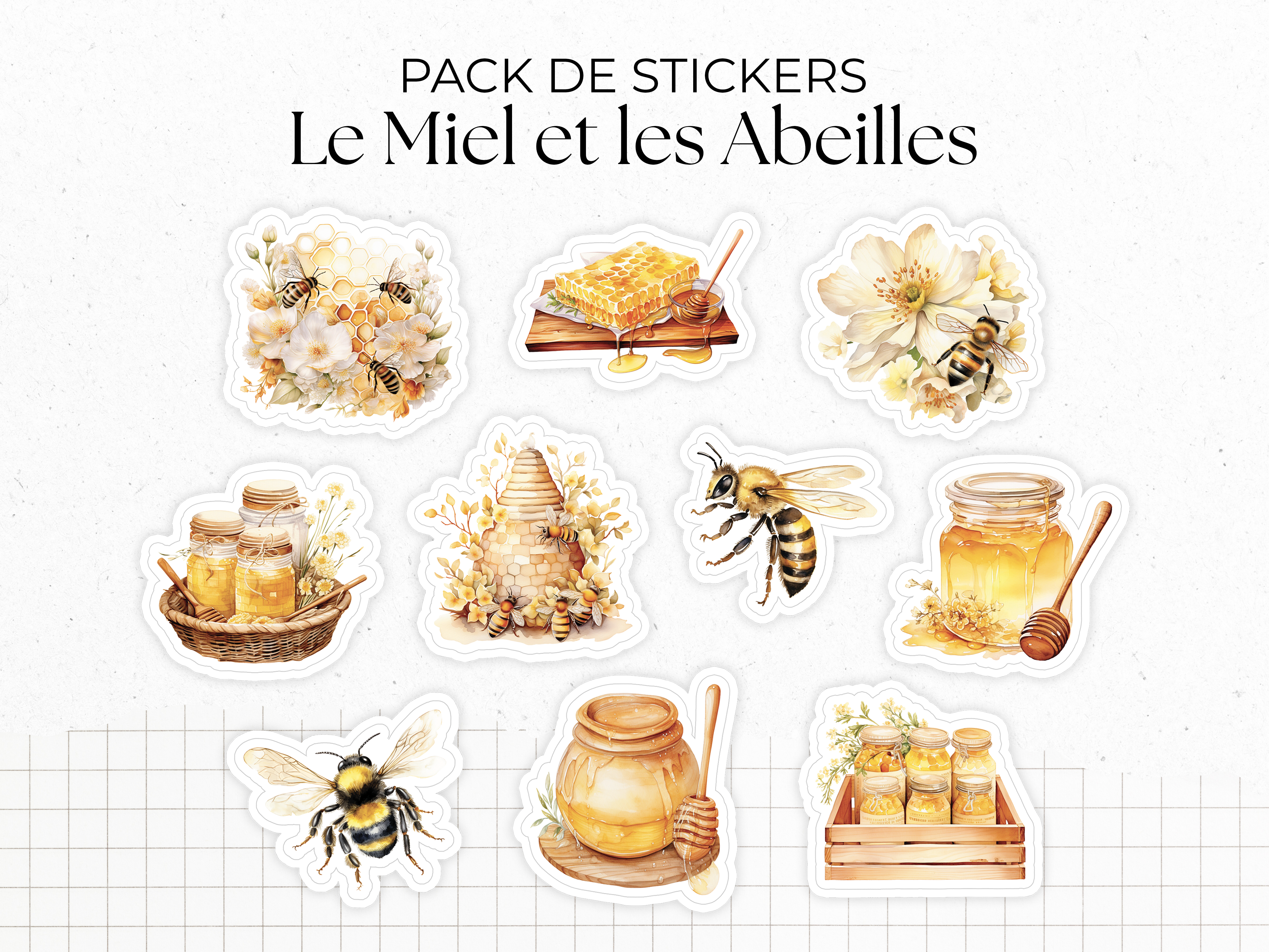 Pack de stickers "Le Miel et les Abeilles" - Autocollants sur le thème du miel et des abeilles, ruche - Bullet Journal