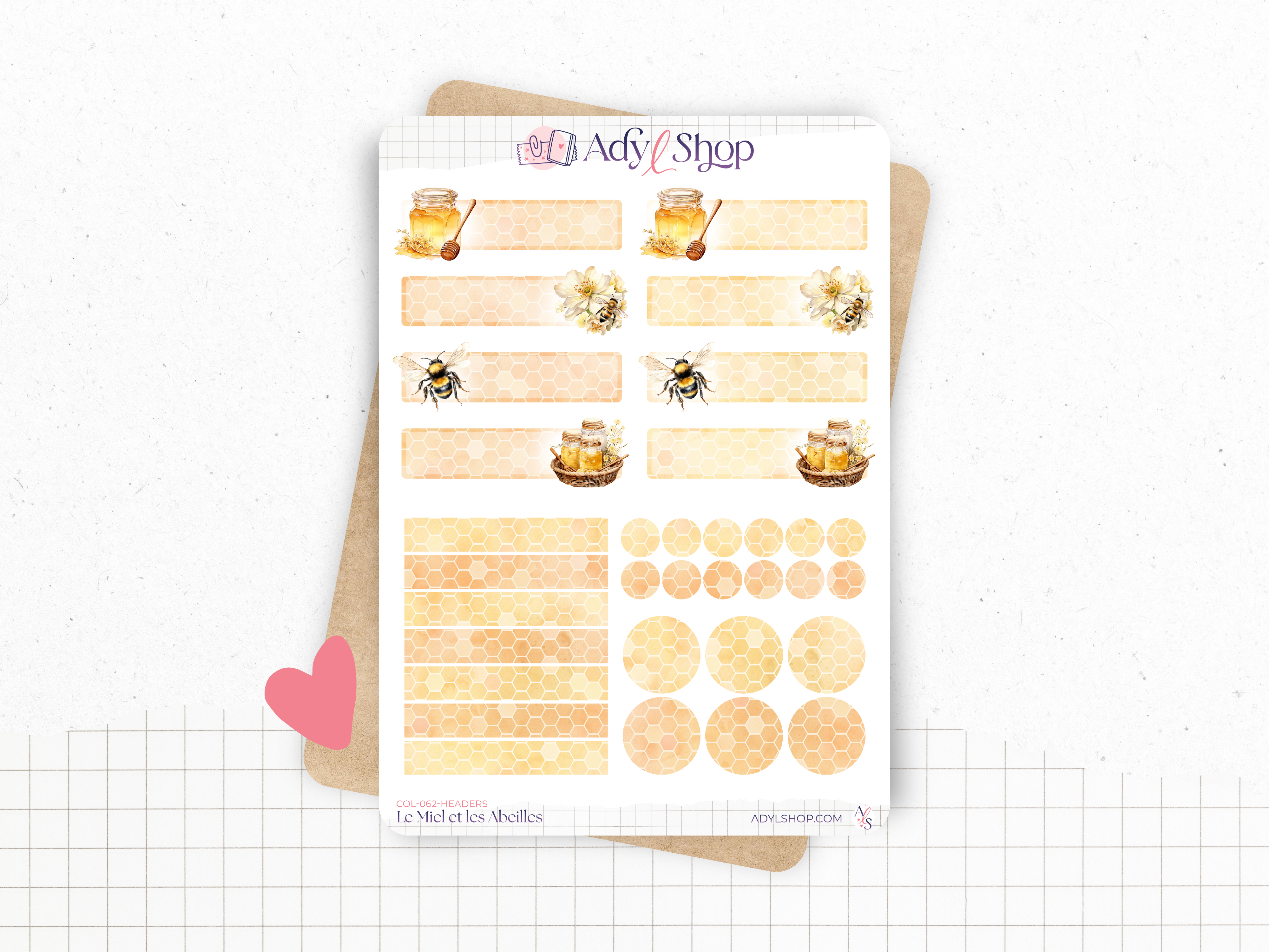 Planches de stickers "Le Miel et les Abeilles" - Autocollants sur le thème du miel et des abeilles, ruche - Headers - Bullet Journal