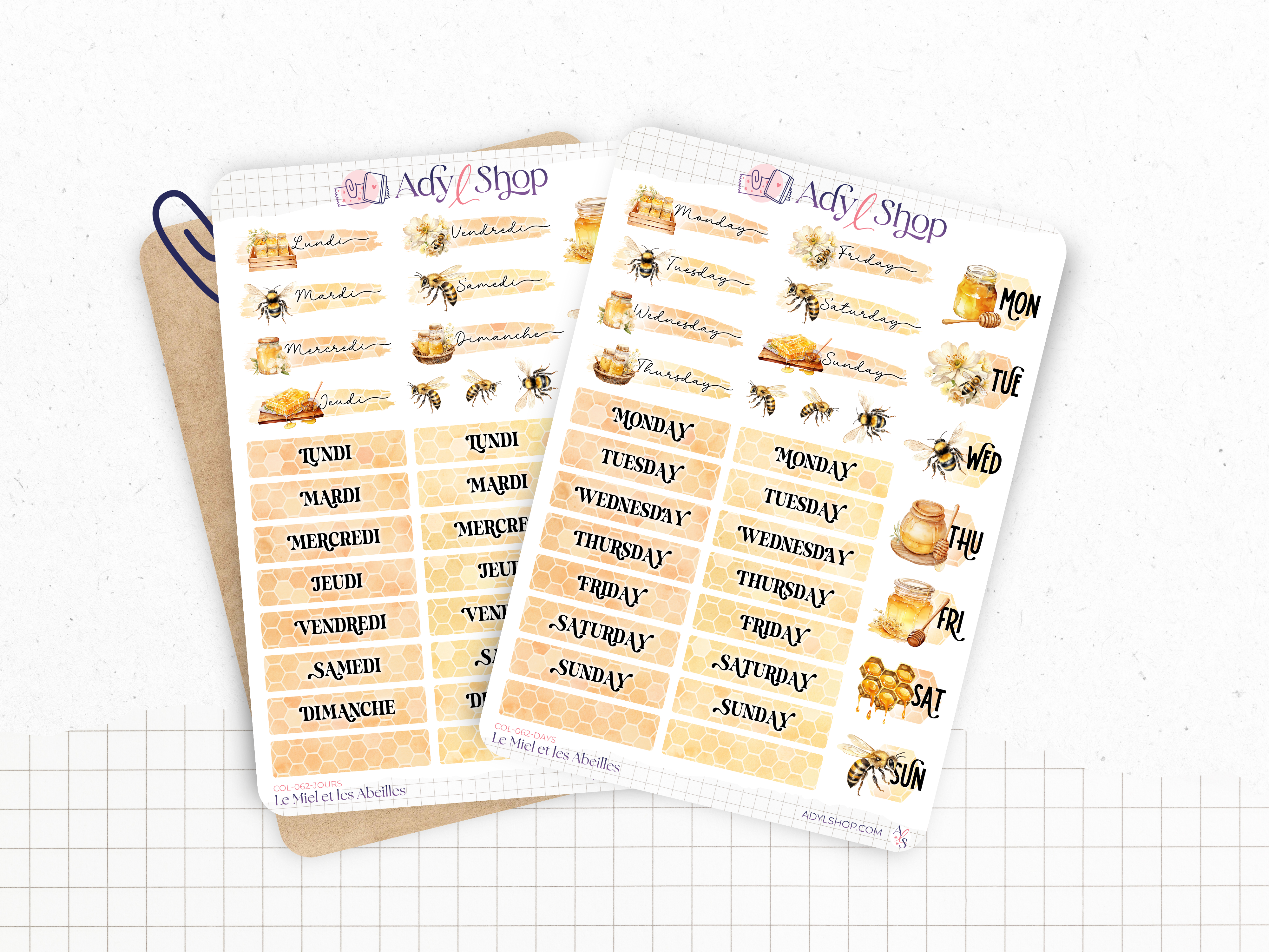 Planches de stickers "Le Miel et les Abeilles" - Autocollants sur le thème du miel et des abeilles, ruche - Jours de la semaine - Bullet Journal