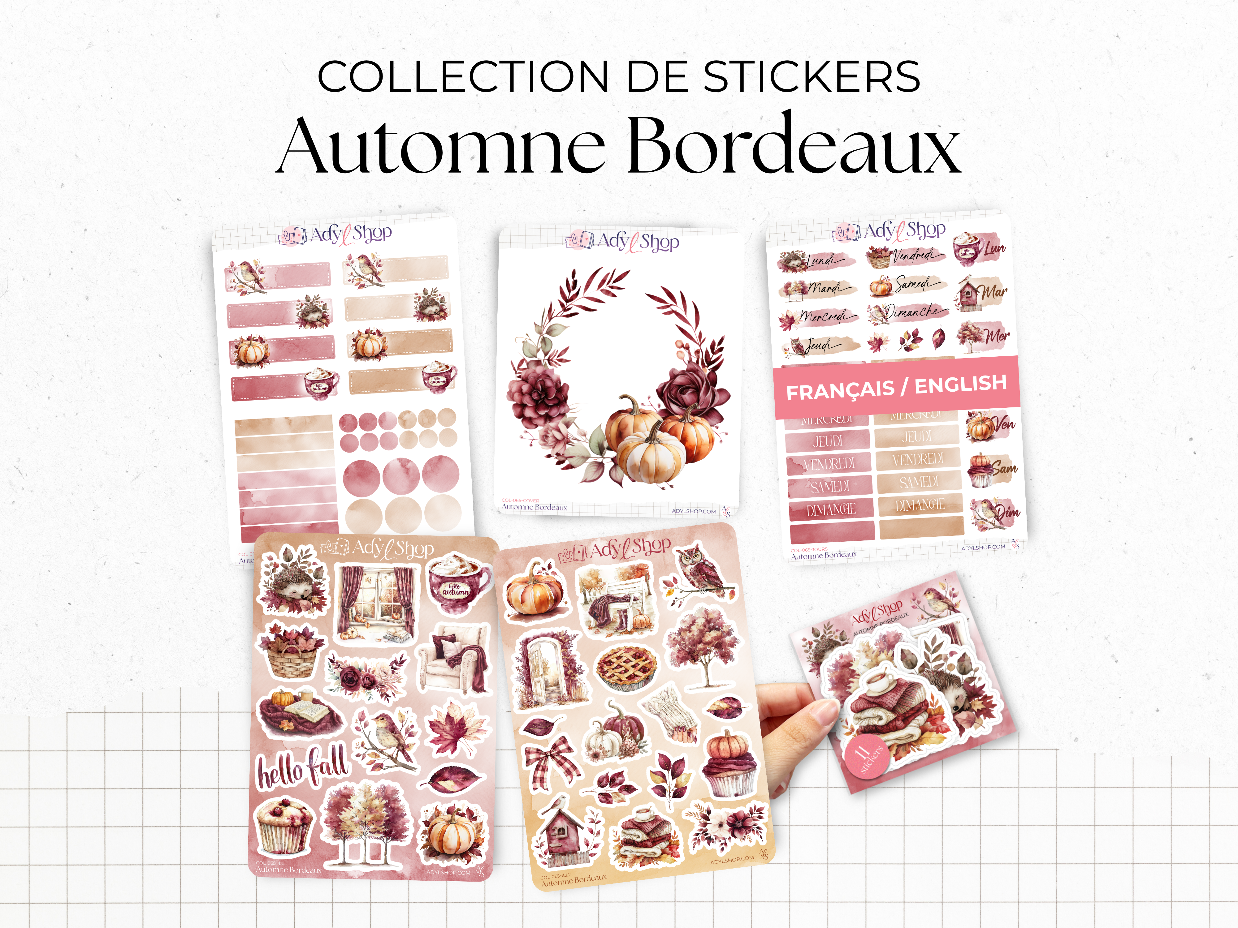 Collection de stickers "Automne Bordeaux" - Autocollants sur le thème de l'automne : feuilles, citrouilles, couleurs automnales - Bullet Journal