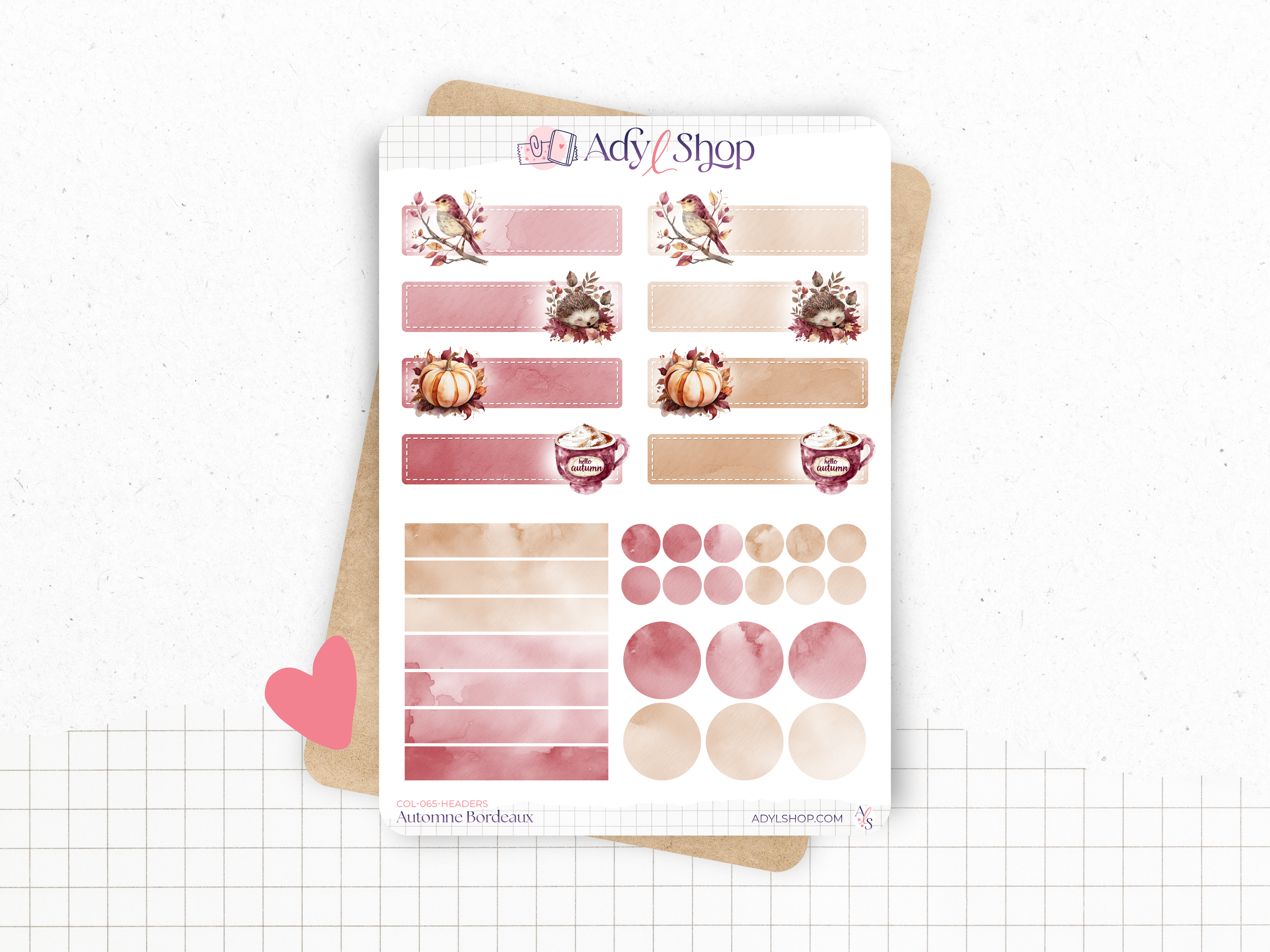 Planche de stickers "Automne Bordeaux" - Autocollants sur le thème de l'automne : feuilles, citrouilles, couleurs automnales - Headers - Bullet Journal