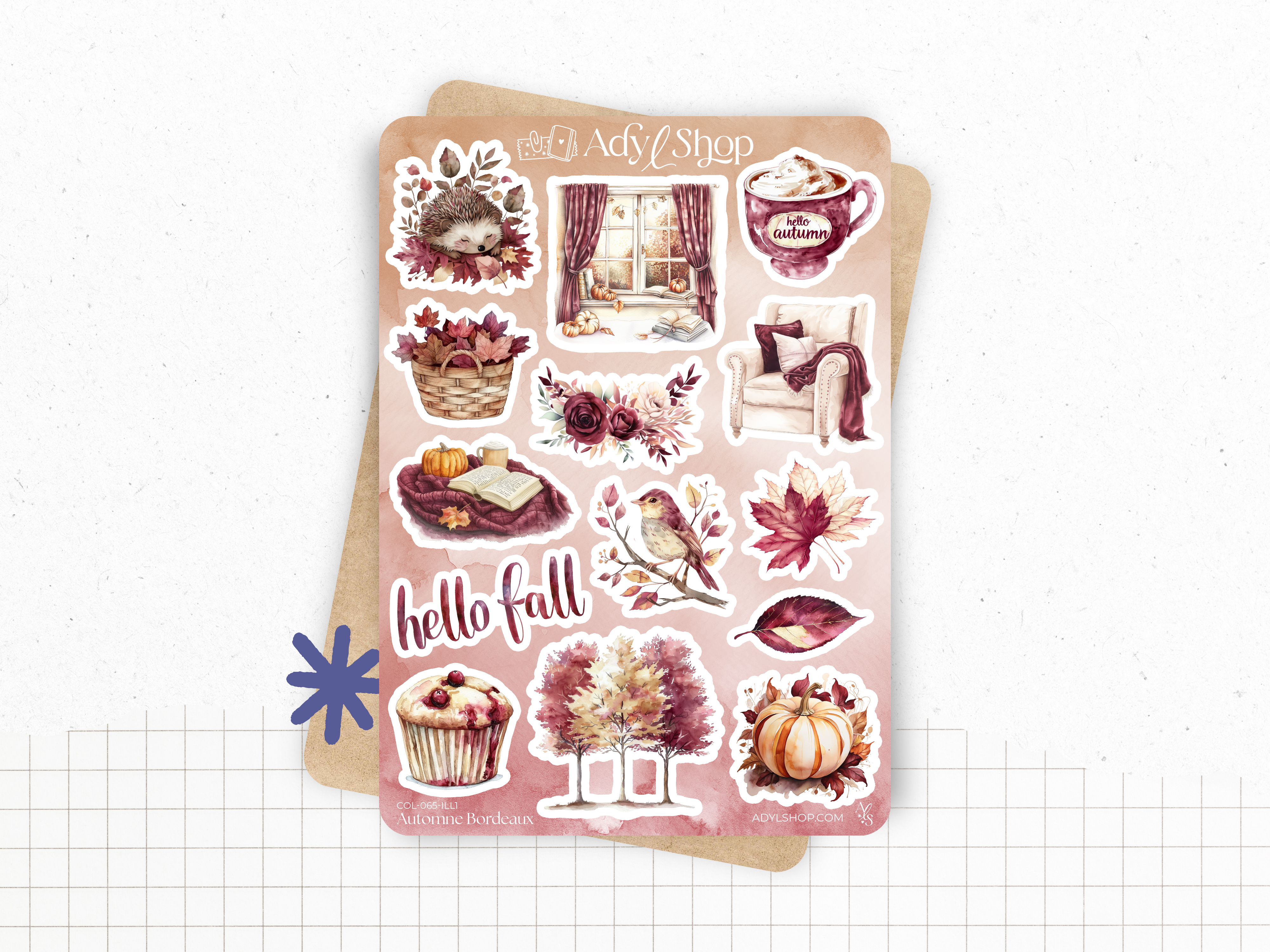 Planche de stickers "Automne Bordeaux" - Autocollants sur le thème de l'automne : feuilles, citrouilles, couleurs automnales - Bullet Journal