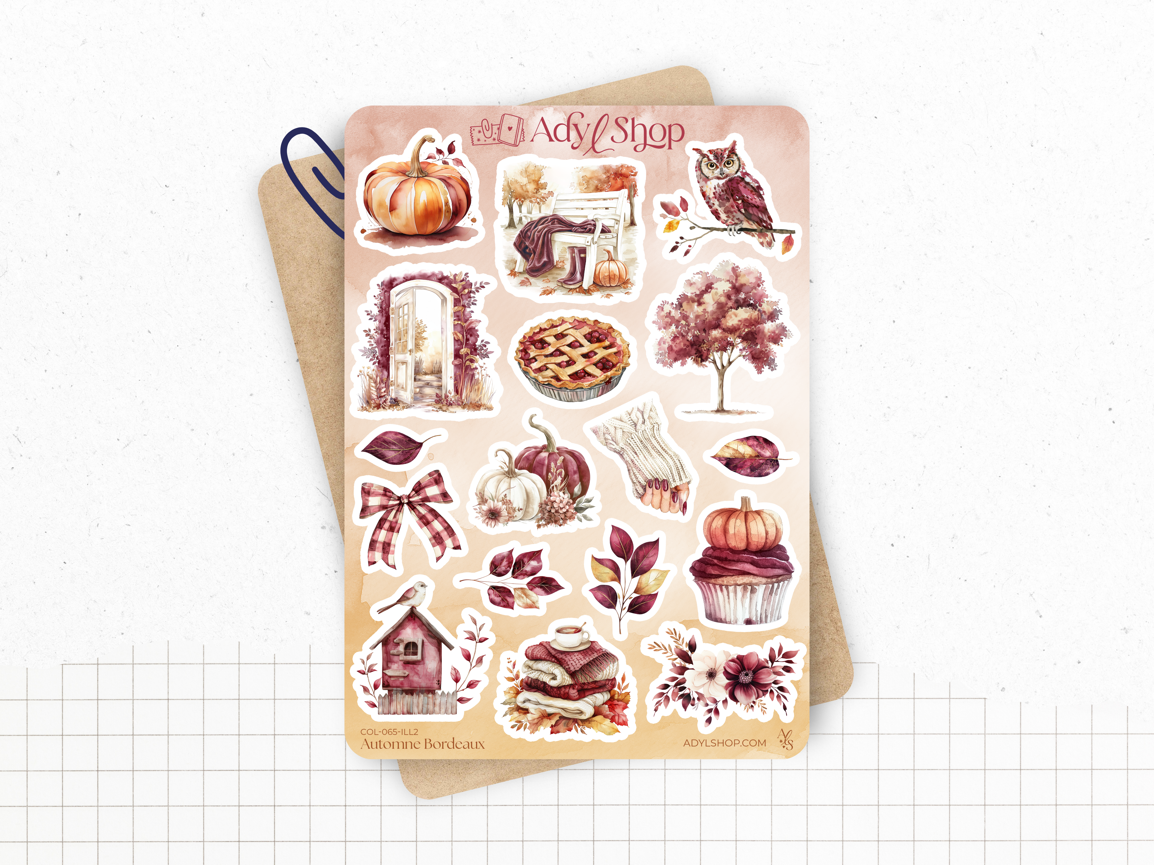 Planche de stickers "Automne Bordeaux" - Autocollants sur le thème de l'automne : feuilles, citrouilles, couleurs automnales - Bullet Journal