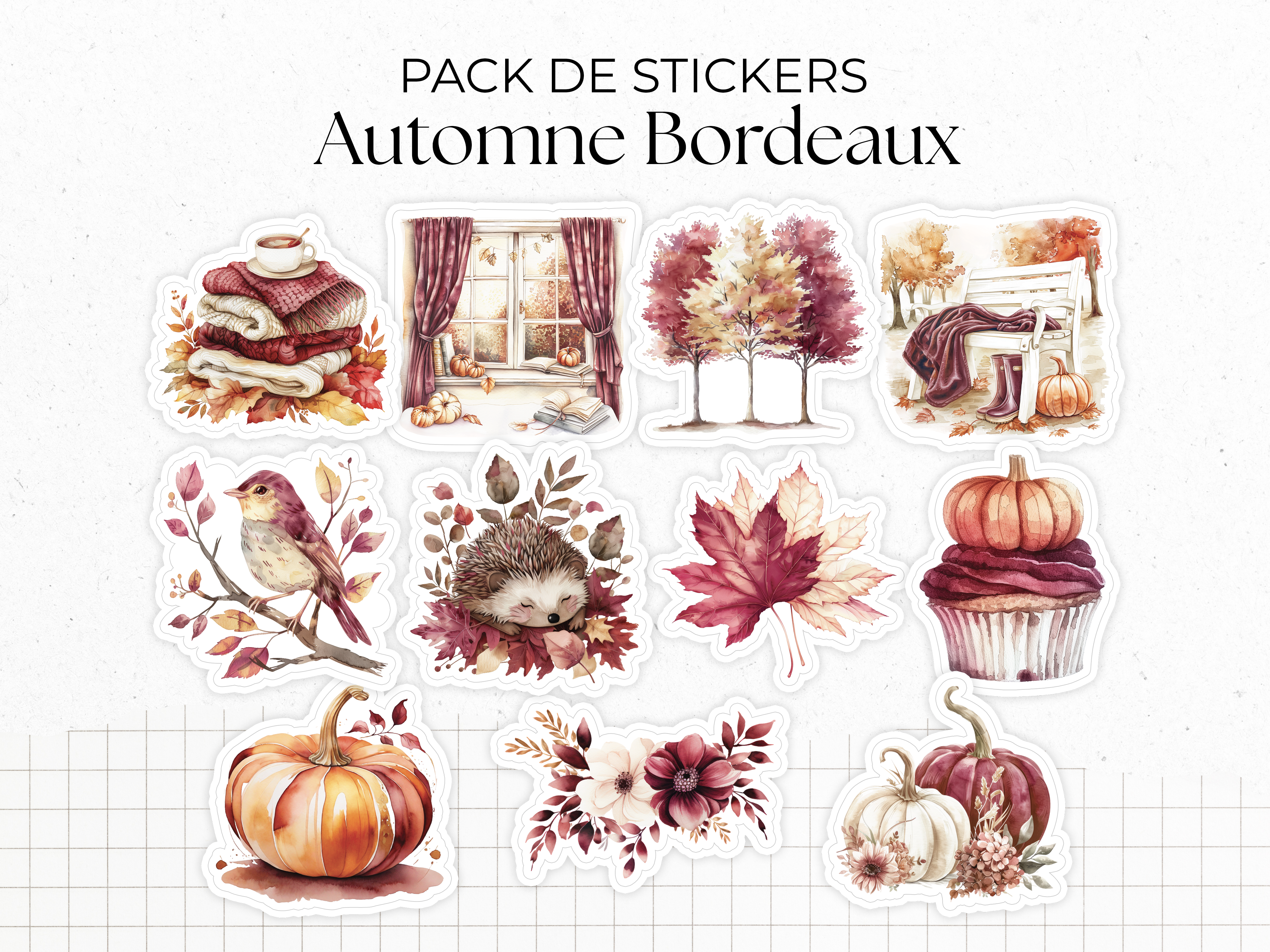 Pack de stickers "Automne Bordeaux" - Autocollants sur le thème de l'automne : feuilles, citrouilles, couleurs automnales - Bullet Journal