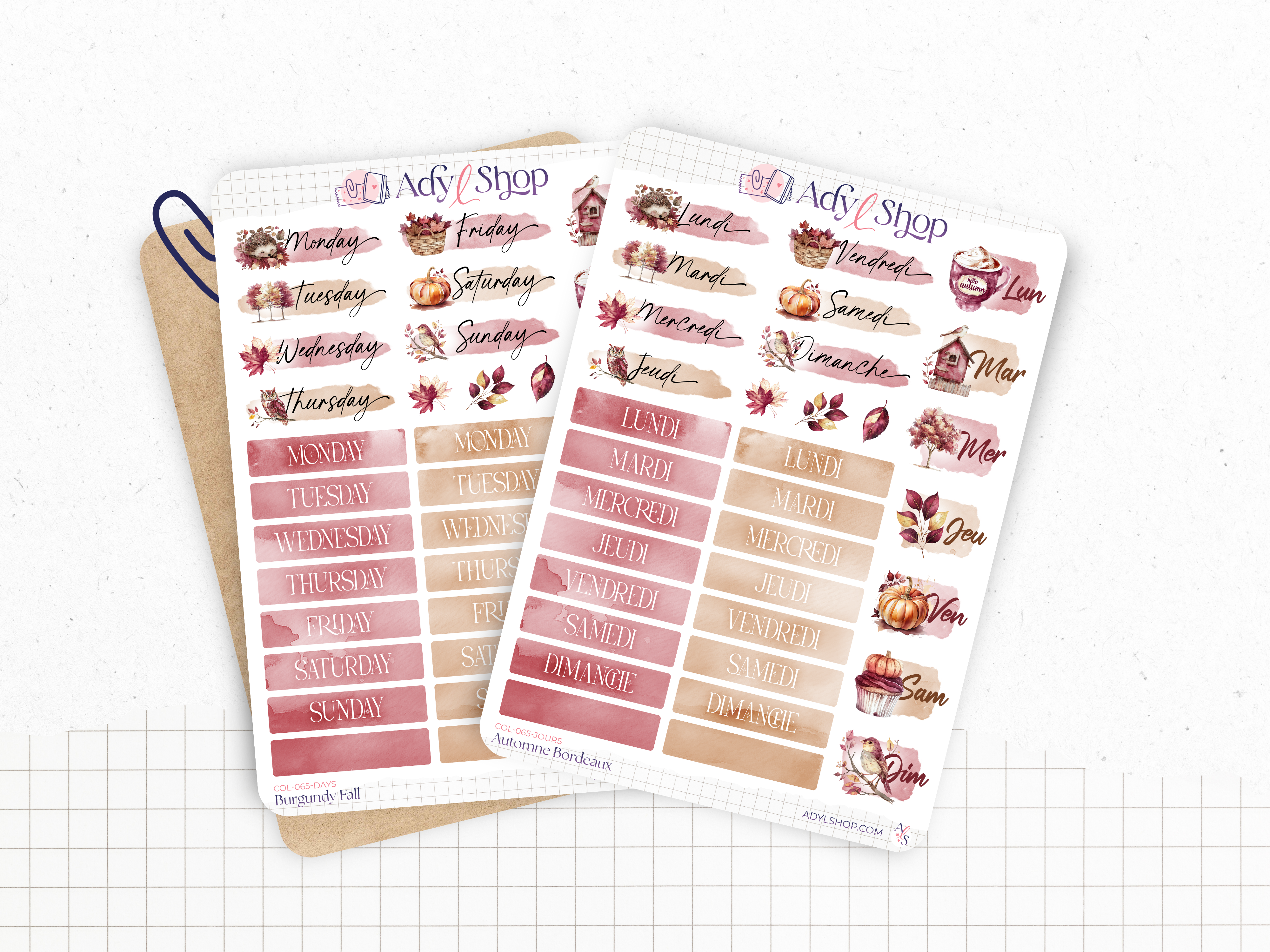 Planche de stickers "Automne Bordeaux" - Autocollants sur le thème de l'automne : feuilles, citrouilles, couleurs automnales - Jours de la semaine - Bullet Journal