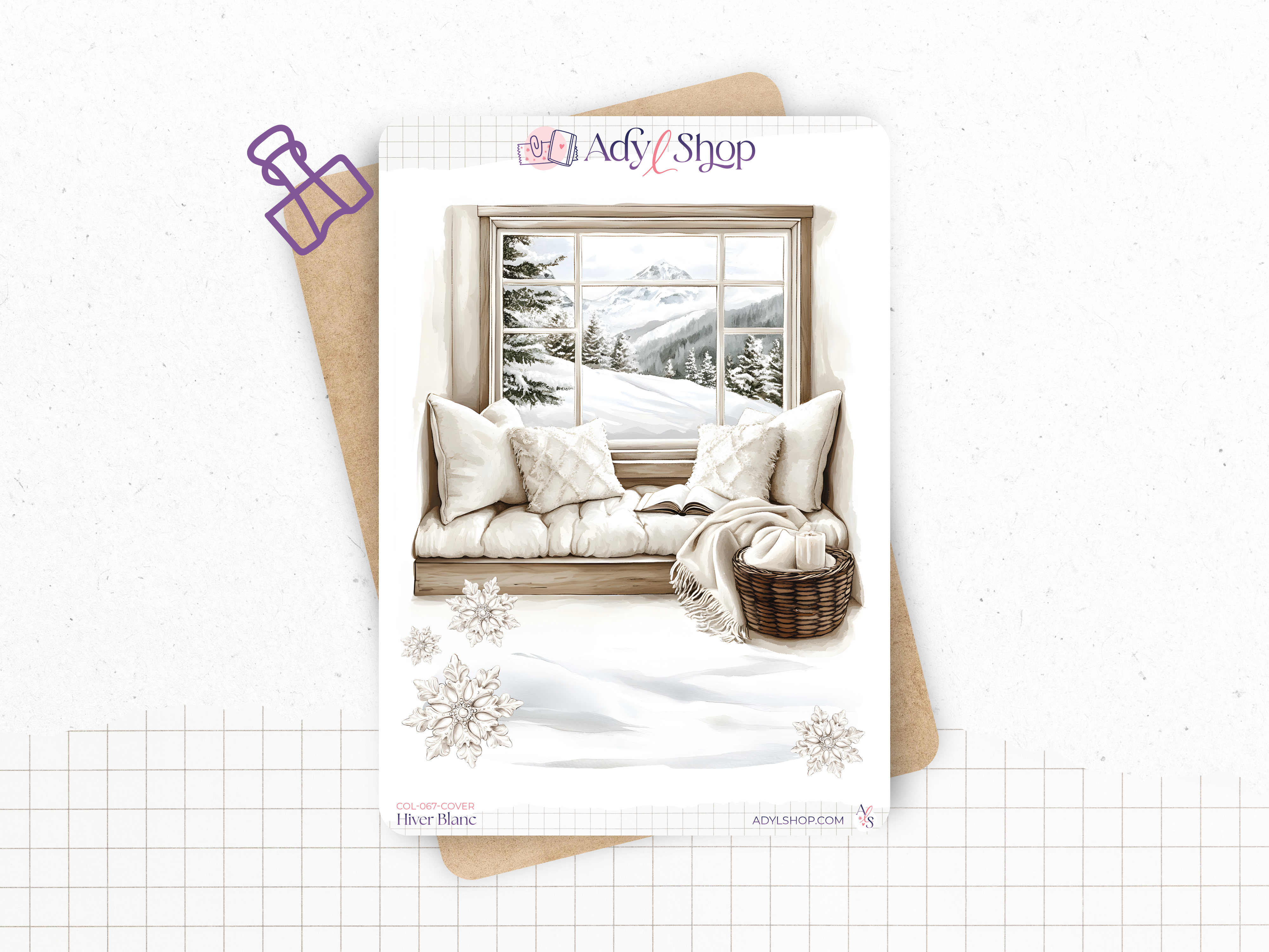 Planches de stickers "Hiver Blanc" - Autocollants sur le thème de l'hiver : neige, froid, vacances au ski - Couverture mensuelle - Bullet Journal & Planner