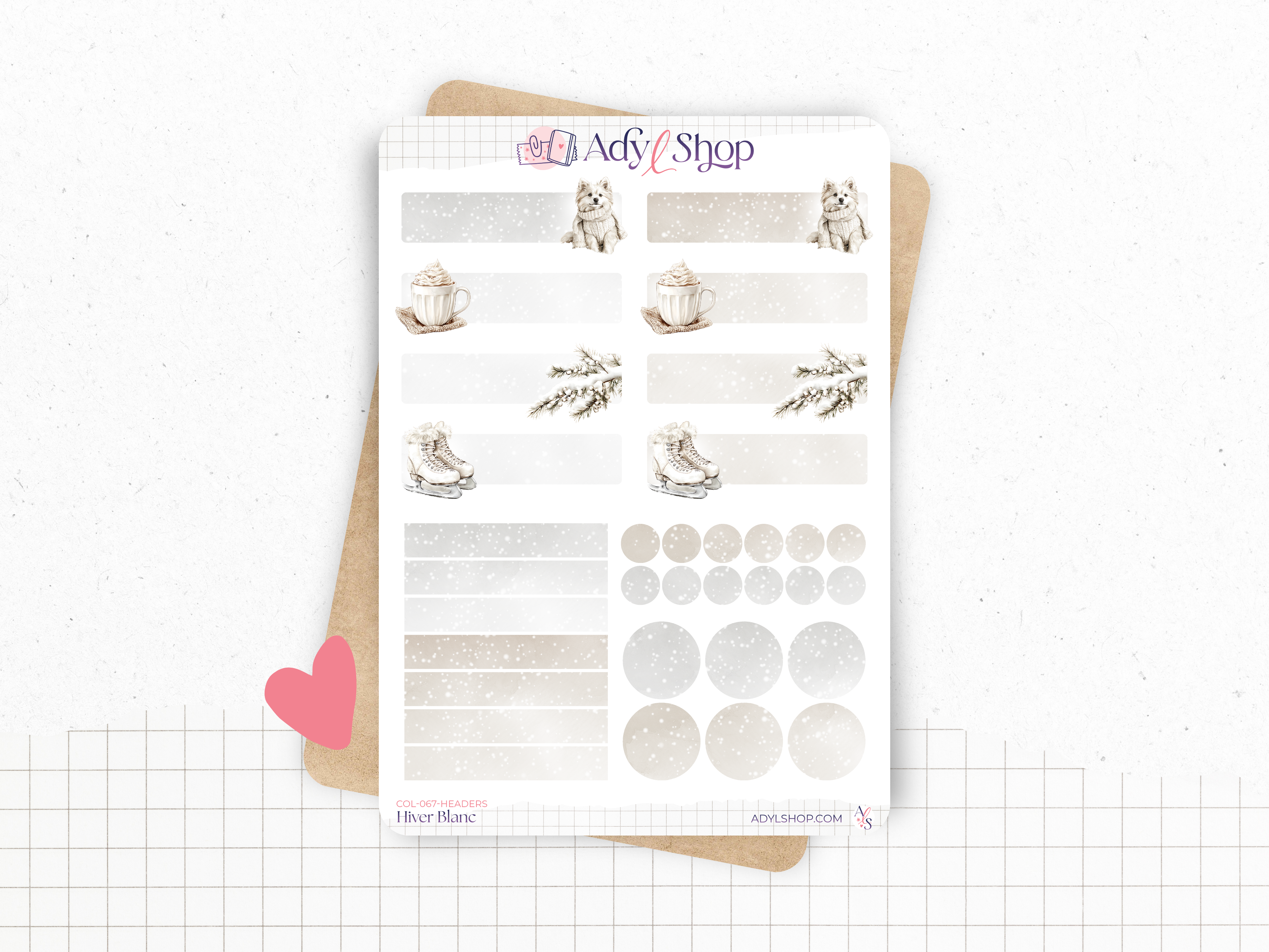 Planches de Stickers "Hiver Blanc" - Autocollants sur le thème de l'hiver : neige, froid, vacances au ski - Headers - Bullet Journal & Planner